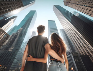 A young couple in love stands in a big city and looks up at the high-rise buildings. Backlit wide angle shot with frog perspective. and sun rays. - obrazy, fototapety, plakaty