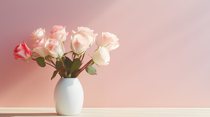 Bouquet of white-pink roses in a beautiful vase on table. Springtime blossom, rose bunch. Beautiful spring fresh flowers. Bright room flooded with sun. Floral romantic. Women’s holiday. Generated AI