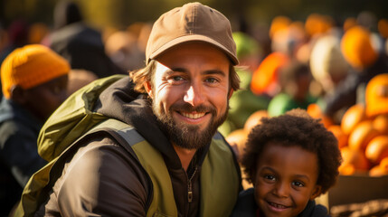 Fototapeta premium Smiling male volunteer providing food to refugee children.