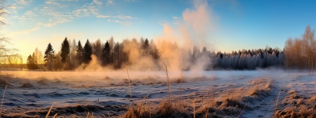 Cold season outdoors landscape, frost trees in a forest clearing ground covered with ice and snow, under the morning sun. Winter seasonal background - obrazy, fototapety, plakaty