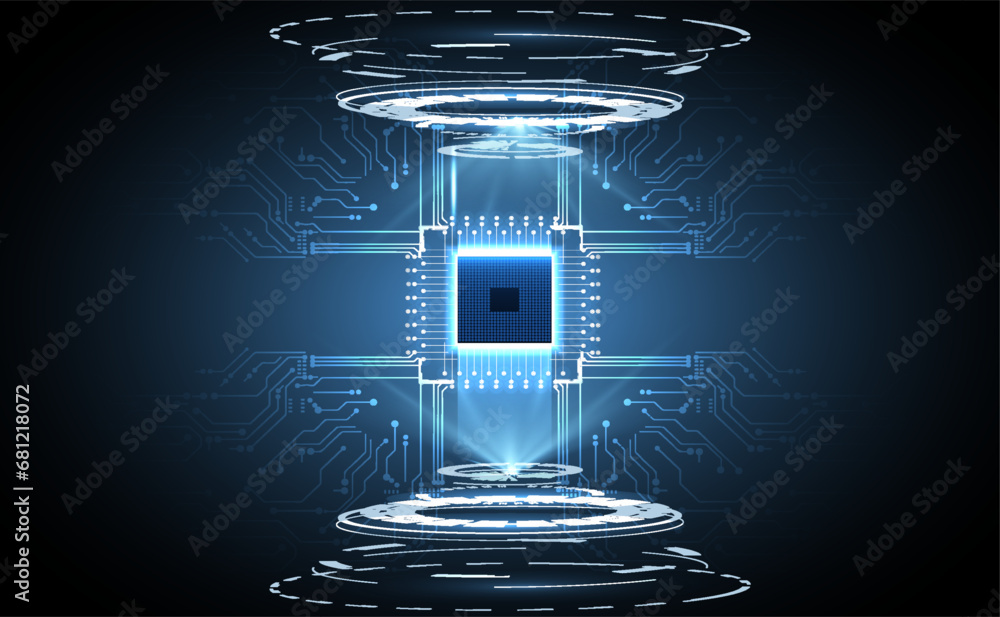 Poster this stock vector image showcases a futuristic technology concept. it features a glowing blue circui