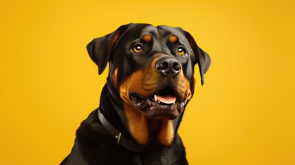 Close-up of joyful Rottweiler on clean yellow backdrop.