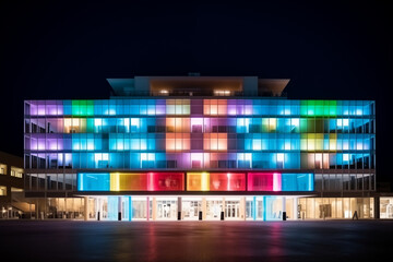 Hospitals and healthcare facilities illuminated with symbolic colors, representing unity and support for the medical community, creativity with copy space