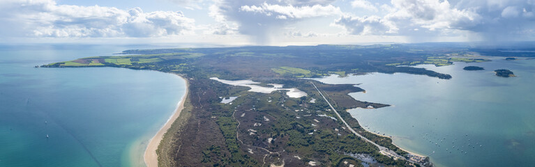 amazing aerial panorama view of Studland and Godlingston Heath National Nature Reserve in Bournemouth, Poole and Dorset