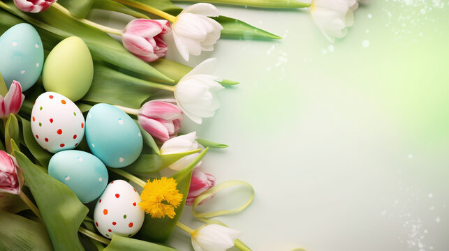 easter background - easer eggs with flowers as decoration against green bokeh background