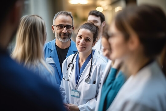 Medical professionals engaged in discussions or conferences, highlighting collaboration and knowledge-sharing in the field, creativity with copy space