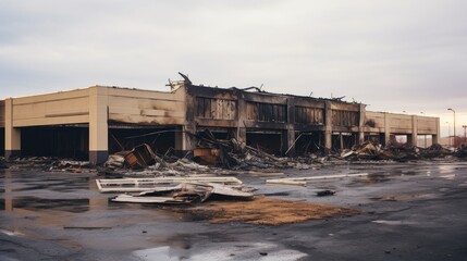 Burnt down cafe on the street as a result of a strong fire
