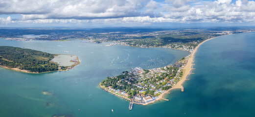 amazing aerial panorama view of Sandbanks Beach and Cubs Beach in Bournemouth, Poole and Dorset, England.