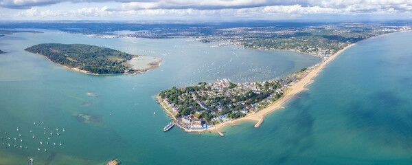 amazing aerial panorama view of Sandbanks Beach and Cubs Beach in Bournemouth, Poole and Dorset, England.