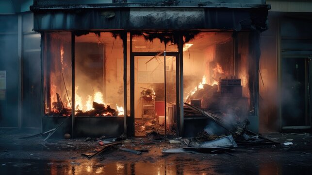 Burnt down cafe on the street as a result of a strong fire