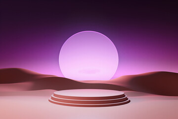 Empty pink product display with magic arch. Surrealism round podium on the minimalist landscape background. Atmospheric escapism installation.