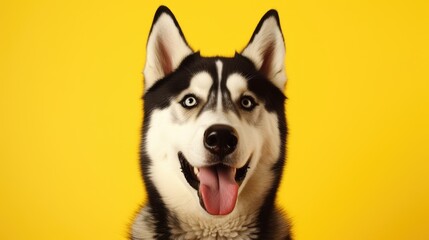 Obraz premium Close-up of joyful Siberian Husky on clean yellow backdrop.