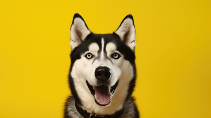 Close-up of joyful Siberian Husky on clean yellow backdrop.