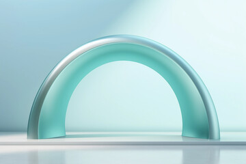 Mint and silver futuristic round arch on the pastel blue background. Atmospheric escapism arch for showcase and display products. Minimalist construction.