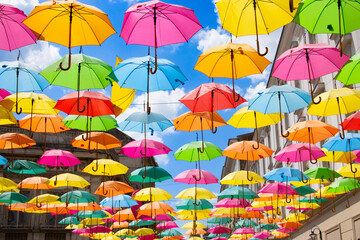 Fototapeta na wymiar Multicolored umbrellas against a blue sky