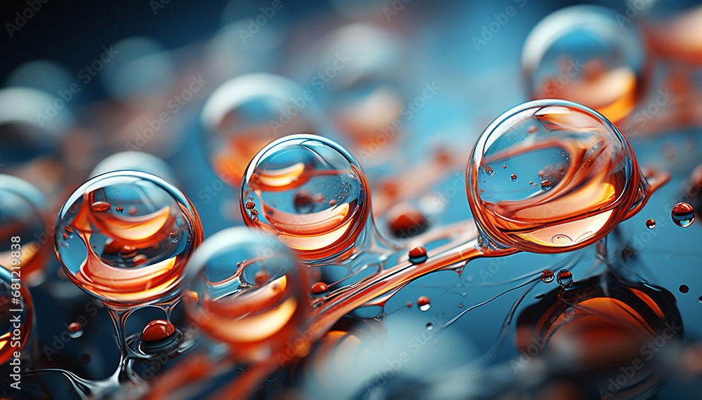 Poster abstract blue background with close up of water splashing, reflecting multi colored bubbles generate