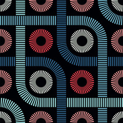 Decorative geometric grid of multicolored striped interlocking lines and circles on a black background. Vintage style design. Seamless repeating pattern. Vector illustration.