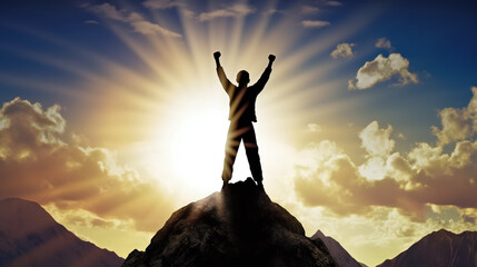 silhouette of a person on the top of mountain rising his fist as gesture for success