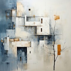 Abstract oil painting architectural, minimal village. Dynamic composition forms and shapes. Good as a poster for wall decor or interior.
