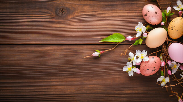 easter background - easer eggs with some twigs as decoration on a wooden underground with text space