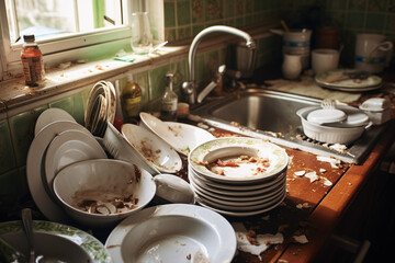 There are mountains of dirty dishes in the sink. Plates, glasses and other cutlery are scattered in disarray. - obrazy, fototapety, plakaty