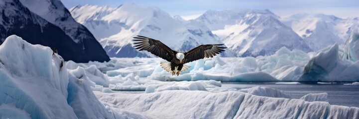 Bald eagle flying in icy glacier mountains