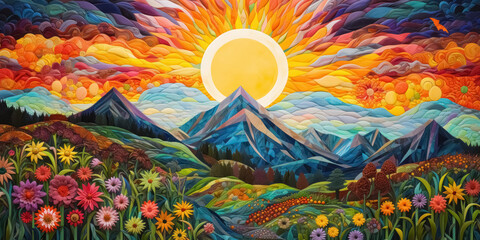 Obraz na płótnie Canvas An abstract artistic portrayal of vibrant, serene landscape featuring majestic mountains, lush trees, oversized blossoms in various hues and radiant yellow sun ascending in the background