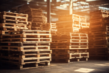 Stacks of wooden euro pallets for packing and transportation of goods inside large warehouse - obrazy, fototapety, plakaty