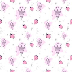 Seamless children's pattern with ice cream and strawberries on a white background. Vector background. Suitable for baby prints, kids room decor, wallpaper, wrapping paper, stationery, scrapbooking