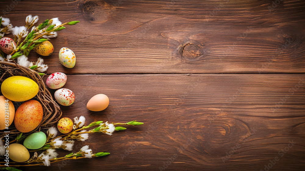 Wall mural easter background - easer eggs with some twigs as decoration on a wooden underground with text space