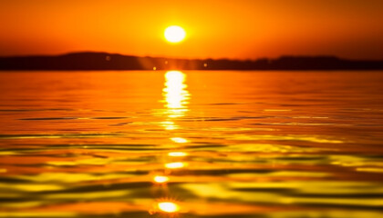 Orange horizon glows, tranquil water ripples in summer heat generated by AI