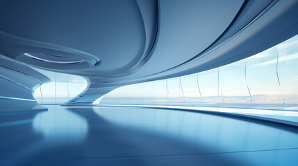 Abstract futuristic glass architecture with empty concrete floor