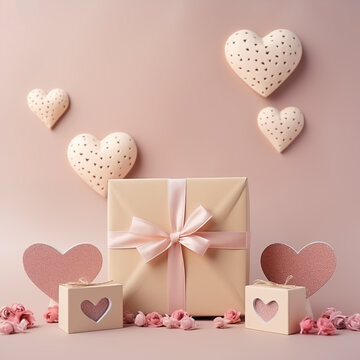 valentines day card with hearts, gift boxes with paper hearts near them, concept for valentine's day