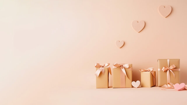 gift boxes with paper hearts near them, concept for valentine's day, banner, 16:9, free space