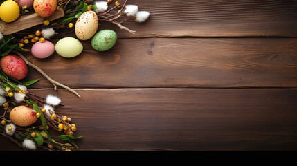 easter background - easer eggs with some twigs as decoration on a wooden underground with text space