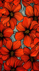 A pattern of red and orange flowers connected by black lines