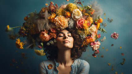 Portrait of a beautiful woman with her head covered with flowers. Mental health, psychological treatment concept. Happiness and joy, dreaming. Psychology theme, thinking positive - obrazy, fototapety, plakaty