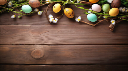 easter background - easer eggs with some twigs as decoration on a wooden underground with text space