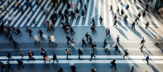 Crowd of people walking street blue motion