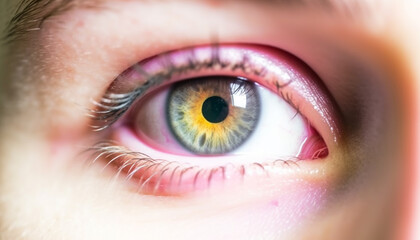 Fototapeta premium Vibrant blue iris staring, close up portrait of young Caucasian woman generated by AI