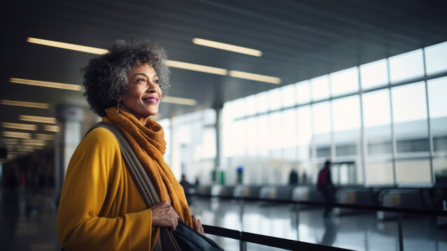 Stylish Black woman in a golden mustard coat waiting in an airport lounge, her journey ahead as bright as her warm, optimistic smile