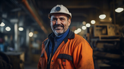 portrait of a smiling young man wearing a protective helmet and safety vest standing in a factory