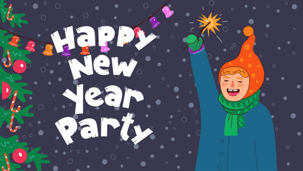 Happy girl celebrates New Year and Merry Christmas. Child laughs and holds sparkler. Winter family celebration eve greeting card. Holiday banner with inscription. Vector drawing postcard illustration