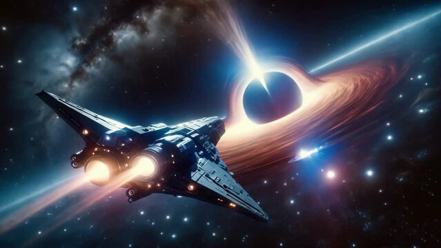 A spaceship near a black hole. Flight to a black hole. Flight through nebulae. Interstellar space