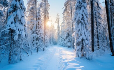 Fototapeta premium Scenic forest along a snow covered path in the winter season