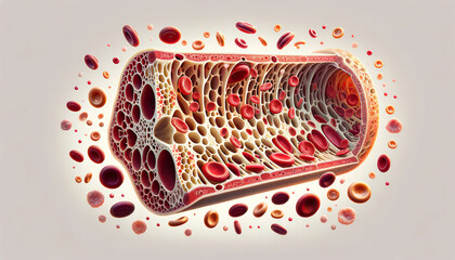 A photorealistic cross-section illustration of human bone marrow, featuring the complex trabeculae structure and the formation of erythrocytes and leukocytes, rendered in warm reds and creams. - obrazy, fototapety, plakaty