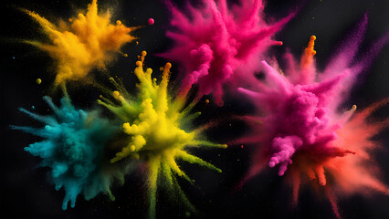 illustration of Multi-colourful powder explosion including orange, pink, yellow, green, blue and purple powder exploding on the black background