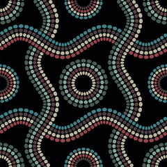 Decorative composition of wavy lines and intersecting dotted circles on a black background. Retro ethnic style design. Geometric dotty ornament. Seamless repeating pattern. Vector illustration.
