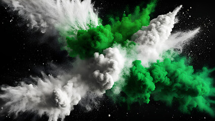 illustration of White and Green powder exploding on the black background portraying the colours of Pakistan Flag AI Generated