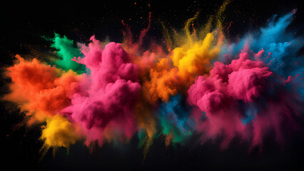 illustration of Multi-colourful powder explosion including orange, pink, yellow, green, blue and purple powder exploding on the black background